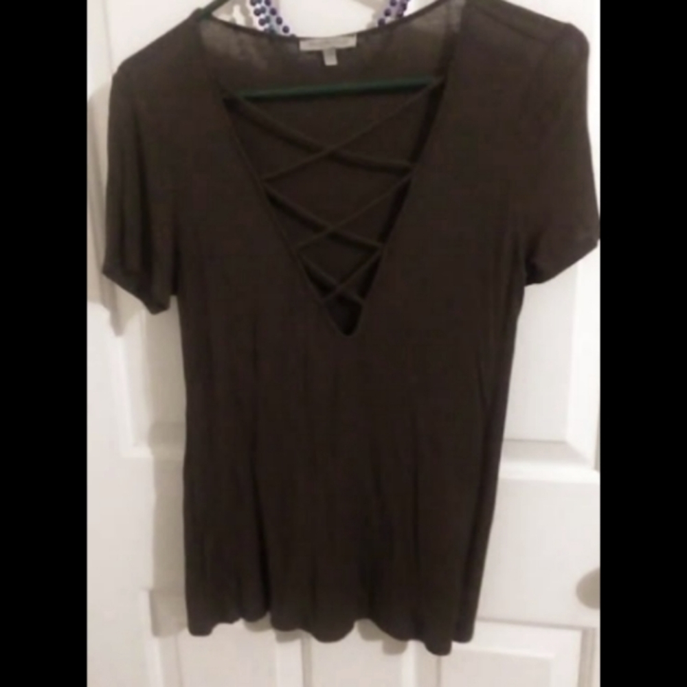 Olive green, low cut cross stitching t shirt